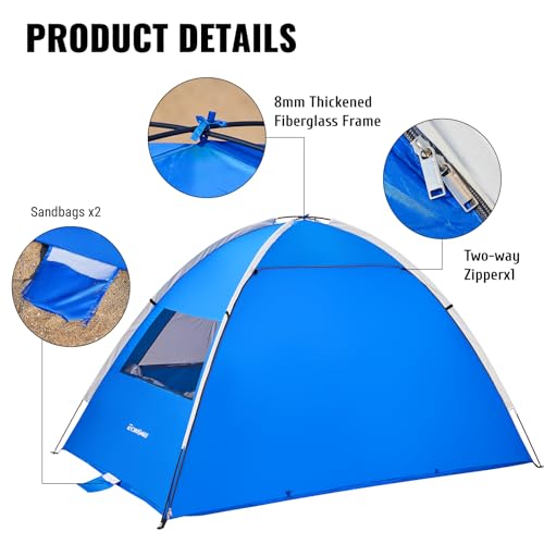 EchoSmile UPF 50+ Beach Tent Sun Shelter for 3/4 Person, Portable Beach Cabana Tent - color: Dark Blue, size: 3 Person