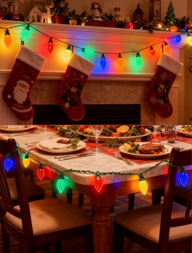C9 Christmas String Lights Outdoor, 26FT 50 LED Vintage Multicolor Fairy Lights, Plug in UL Listed Waterproof Connectable Christmas Tree Lights for Home, Roofline, Garden, Patio Decor, Green Wire - color: Solid Multicolor