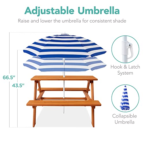 Best Choice Products Wooden Kids Picnic Table with Umbrella, Outdoor Activity Table Set with Built-in Benches, 220 lb Capacity per Bench - Golden Brown/Navy - color: Golden Brown/Navy