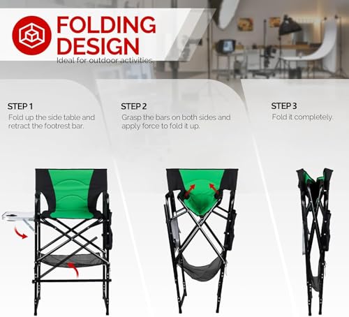 mefeir 31" Extra Tall Director Chair w/Side Table, Heavy-Duty Steel Frame Portable Folding Bar Stool w/Storage Pockets, for Makeup Artist, Salon, Studio, Camping, 300 lbs Capacity (Green) - color: Black/Olive Green, size: 31in
