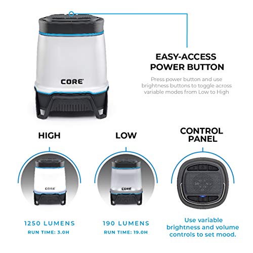 CORE 1250 Lumen Rechargeable Bluetooth Speaker Lantern with USB Output, Charges Phones