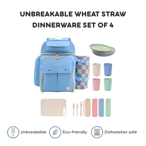 J World Picnic Backpack Cooler for 4. Insulated Picnic Basket Set with Folding Waterproof Blanket. Beach Camping Wedding Engagement Gift for Couples, Sky Blue - color: Sky Blue