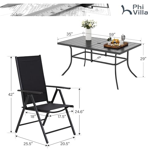 PHI VILLA 7 Piece Patio Dining Set with Outdoor Table and Chairs, Outdoor Dining Table Set for 6 with Adjustable Foldable Patio Chairs & Metal Steel Table for Garden, Black - color: Black, size: 7 Piece