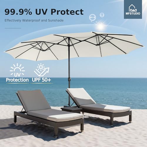 MFSTUDIO 15ft Double Sided Patio Umbrella with Solar Lights, Outdoor Large Umbrellas with Crank Handle and 36 LED Lights, Rectangular Market Umbrella with Base Included for Deck Pool Shade, Ivory - color: Ivory