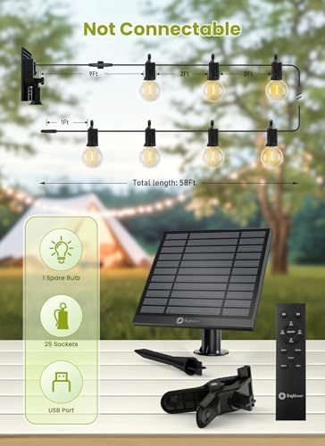 Brightown 58FT Solar String Lights Outdoor with Remote Cable Ties Hooks, 26 LED Shatterproof Bulbs, 3 Light Modes, Dimmer & Timer, Commercial Grade Patio Lights for Yard Balcony Pergola Party Decor - size: 58ft G40