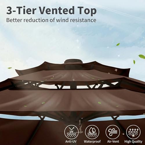 10FT Patio Umbrella 3 Tiers Outdoor Market Umbrella w/Push Button Tilt, Crank, UV and Waterproof Table Umbrella for Garden, Pool, Backyard, Deck, Lawn, Brown - color: Brown