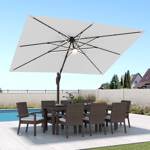 9 X 12 FT Cantilever Patio Umbrella with Led Lights Outdoor Heavy Duty Double Top Rectangle Offset Umbrellas with 360-degree Rotation for Pool Deck Backyard, Foggy Grey - color: Foggy Grey, size: 9' X12' Only Umbrella(LED)