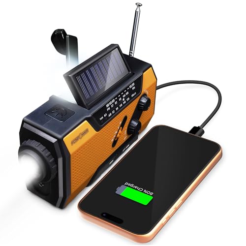 FosPower NOAA Emergency Weather Radio A1 7400mWh Portable Power Bank, AM/FM, USB/Solar/Hand Crank Charging, Battery Operated, SOS Alarm & Flashlight for Indoor/Outdoor Emergency - Orange - color: 01 - Model A1 - Orange