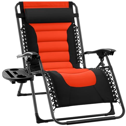 Best Choice Products Oversized Padded Zero Gravity Chair, Folding Outdoor Patio Recliner, XL Anti Gravity Lounger for Backyard w/Headrest, Cup Holder, Side Tray, Polyester Mesh - Black/Orange - color: Black/Orange