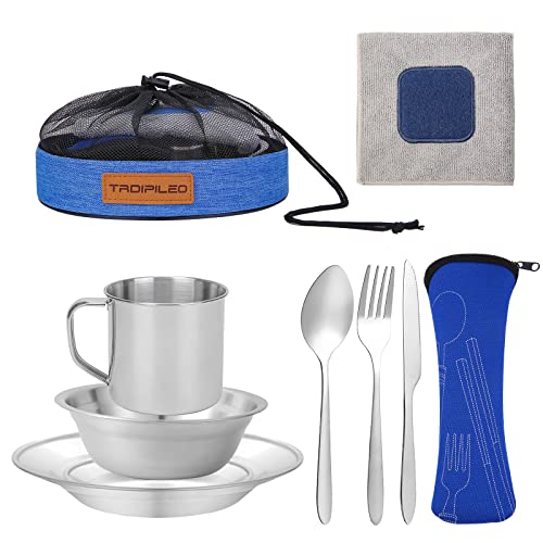 Stainless Steel Camping Cutlery Set - 8 Piece, Includes Spoons, Mugs, Bowls, Plates, Rags & Organizer Straps - Easy to Carry for Backpacking, Camping, Hiking and Picnics - color: Blue