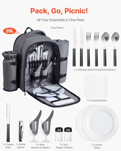 VEVOR Picnic Backpack, Beach Picnic Backpack Bag for 2 Person with Insulated Cooler Compartment, Detachable Bottle/Wine Holder, Lightweight Blanket, Plates and Cutlery Set for Hiking, Camping, Grey - size: single layer for 2 & gray