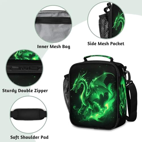 Green Dragon Lunch Bag Boys, Insulated Lunch Box with Side Pocket Reusable Leakproof Lunchbox Cooler Tote for School Picnic Travel - color: Green Dragon