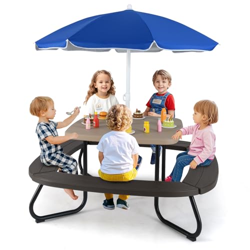 HONEY JOY Kids Picnic Table, 8 Person Toddler Outdoor Table and Chair Set, 4 Built-in Benches, Removable Umbrella, Metal Frame & HDPE Top, Children Outdoor Furniture for Backyard Patio Garden (Coffee) - color: Coffee