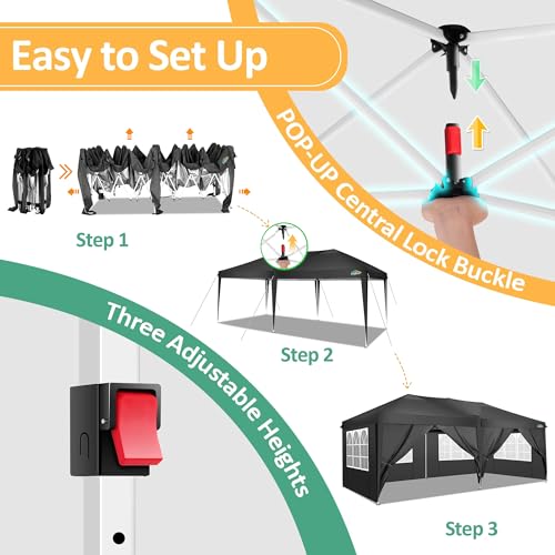 COBIZI Canopy 10x20 Pop Up Canopy Tent with 6 Sidewalls Outdoor Party Tent 10x20 Waterproof Commercial Instant Shelter UPF 50+ Portable Gazebo Wedding Tents for Parties Car Port Vender Events(Black - color: Black, size: 10x20FT with 6 sidewalls