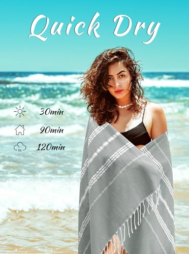 cabanana Turkish Beach Towel Oversized - 40"x70" Quick Dry Sand Free Thin Beach Towels for Adults,Extra Large Cotton Lightweigh Travel Towel for Beach Accessories (New Grey) - color: Grey