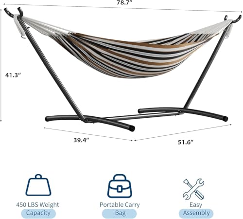 Double Hammock with Stand for 2, Heavy Duty 350 Lb Capacity Portable Rope Hammock for Indoor & Outdoor Use, Includes Padded Mat and Pillow, Tool-Free Easy Assembly, Light Blue - color: Light Blue and Green Stripes Design