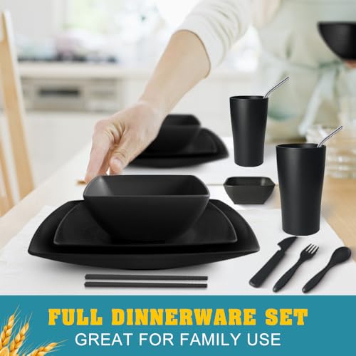 Teivio 88-piece With Flatware Plastic Kitchen Wheat Straw Square Dinnerware Set for 8, Unbreakable Dinner/Salad/Appetizer Plates, Snack Bowls, Dipping Sauce Cups,Tumblers, Dishwasher Safe Dish,Black ﻿ - color: Black
