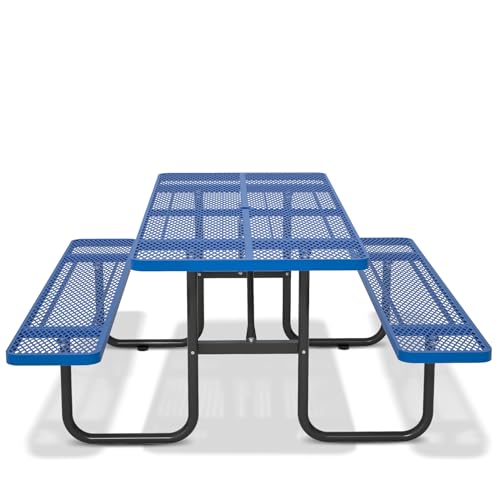 72 Inch Commercial Outdoor Picnic Table, Heavy Duty Rectangle Steel Patio Furniture Set with Bench Seats & Umbrella Hole, Weather Resistant Mesh Metal Dining Table for Backyard, Lawn, BBQ, Garden,Blue - color: Blue