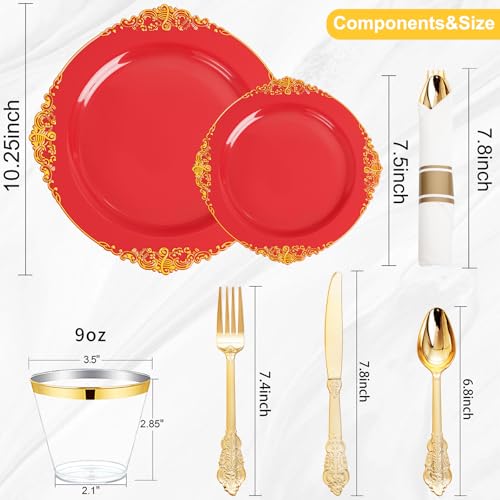 Nervure 350PCS Red Plastic Plates - Red Gold Plastic Dinnerware Sets for 50 Guests - 100 Gold Disposable Plates, 50 Pre Rolled Silverware Sets, 50 Cups Perfect for Wedding & Party & Mothers Day - color: Red and Gold