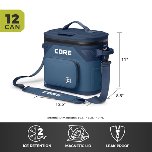 CORE Magnetic Leak Proof Soft Cooler with Waterproof Zipper | Insulated Bag Portable Ice Chest Box | Best Soft Cooler for Food & Beverages for Tailgating, Car Camping, Travel, and Family Beach Picnics - color: Navy, size: 12 Can