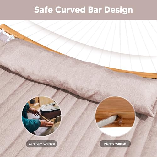 SUNCREAT 55 Inch Large Double Hammock with Stand, 450lbs Capacity, Outdoor Portable Hammock with Curved Spreader Bar, Extra Large Pillow, Tan - color: Tan
