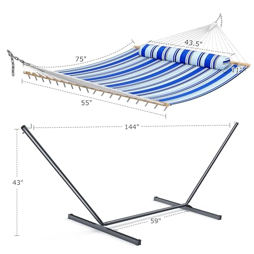 ANAGOO Double Hammock with Stand, Heavy Duty Outdoor Hammock for Two, 500 LBS Capacity, Stable Steel Frame with Balance Strap, Easy Tool-Free Assembly for Patio, Garden, Backyard & Beach,Blue - color: Blue(with Stand)