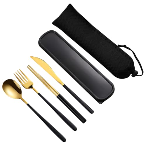 4 Pieces Utensils Set with Case, Portable Reusable Stainless Steel Cutlery Set, Chopsticks Knife Fork and Spoon Lunch Utensils Set for Travel