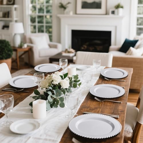 U-QE 60PCS White Plastic Plates - Fancy Beaded Plates Disposable Heavy Duty - Premium Hard Plastic Plates for Party, Wedding & Birthday Including 30 Dinner Plates 10" & 30 Dessert Plates 7" - color: White