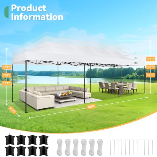 COBIZI 10x30 Heavy Duty Pop Up Canopy Tent with 8 Sidewalls Thicken Frame, Commercial Easy Up Outdoor Wedding Party Tents, All Season Waterproof Windproof with Stakes Sandbags Ropes Roller Bag, White - color: White, size: 10x30