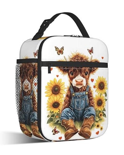 Insulated Lunch Bag,Cute Highland Cow Durable Lightweight Lunch Box for Kids,Rustic Sunflower Portable Thermal Picnic Cool Bags Girls Boys School Daycare,Work,Camping - color: Cute Highland Cow