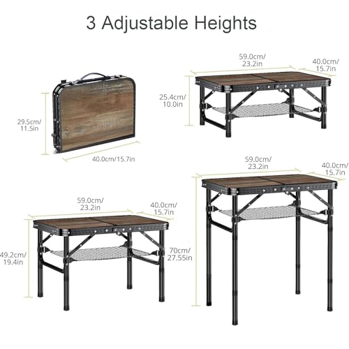Folding Picnic Table 2ft Portable Camping Table Adjustable Heights Metal Aluminum Lightweight Foldable Small Outdoor Card Table with Carry Handle for Outside Indoor Camp Cooking BBQ Beach - color: Wood Grain