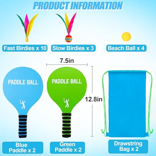 2 Sets Beach Games Toy Paddle Ball Set - Funny Paddleball Rackets Game, Outdoor Sports Toys for Kids Adults Family Games Yard Lawn Party Supplies, Blue Green, Medium - color: Blue, Green, size: Medium