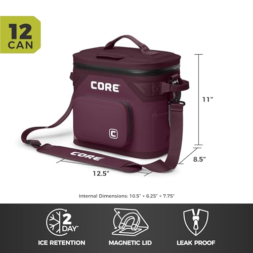 CORE Magnetic Leak Proof Soft Cooler with Waterproof Zipper | Insulated Bag Portable Ice Chest Box | Best Soft Cooler for Food & Beverages for Tailgating, Car Camping, Travel, and Family Beach Picnics - color: Mulberry, size: 12 Can
