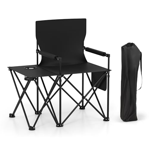 Goplus Oversized Camping Chair with Side Table, Folding Heavy-Duty Picnic Chair w/ 2 Storage Pockets, Cup Holder, Padded Armrests, Carrying Bag, Portable Outdoor Chair for Fishing RV Trip (Black,1) - color: Black