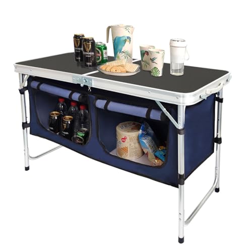 CampLand Outdoor Folding Table Aluminum Lightweight Height Adjustable with Storage Organizer for BBQ, Party, Camping - color: Black