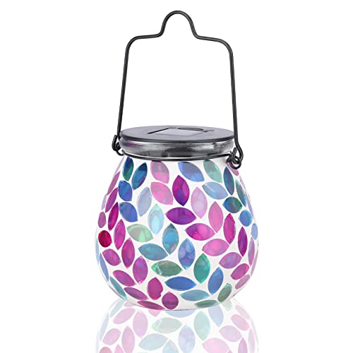 Afirst Mosaic Solar Lanterns Outdoor - Glass Hanging Solar Lights Hollow Out Waterproof Table Lamp Outdoor Decorative for Garden, Patio, Holiday Party Outdoor Decoration - style: Leave