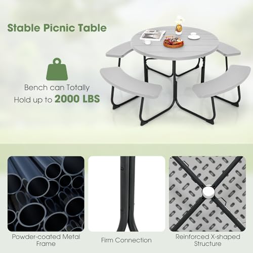 Giantex Picnic Table Set for Up to 8 Persons, Round Outdoor Table and Bench Set with Umbrella Hole, HDPE Top & Metal Frame, 2000LBS Capacity, Patio Table Bench for Deck Backyard Garden (Gray) - color: Grey, size: Round-43"x43"x30"