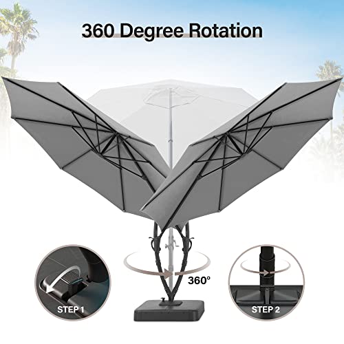 LAUSAINT HOME 11FT Patio Cantilever Umbrella with Base Outdoor Curvy Round Offset Umbrella, Heavy Duty Aluminum Patio Umbrella with 360°Rotation and Windproof, for Garden, Pool, Deck, Backyard, Market(11 FT Grey）