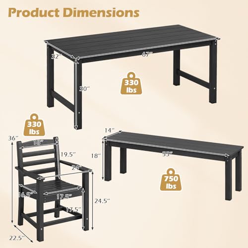 Tangkula 6 Pieces Patio Dining Bench Set, Outdoor HDPE Weather Resistant Table and Chairs Set with 1.77” Umbrella Hole and Wood-Like Surface, Outside Furniture Set for Garden, Backyard (Black, 6 Pcs) - color: Black, size: 6 Pcs