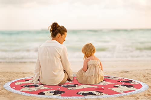 Benefeet Sox Beach Towel Large Round Mandala Pool Towels Tassels Microfiber Quick Dry Beach Blanket Throw Bohemian Roundie Swim Pool Circle Towel, 59 Inches - color: Heart Pug Dog, Pink
