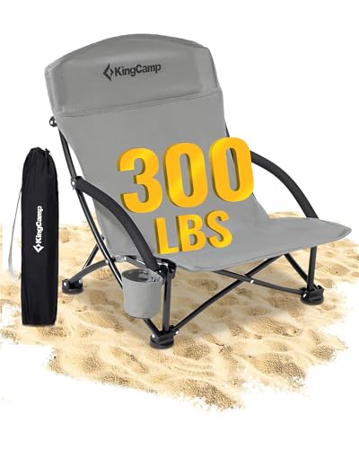 KingCamp Low Beach Chair, High Back Folding Camping Chair for Adults, Oversized Breathable Mesh Seat, 300lbs Heavy Duty Portable Chair with Cup Holder & Storage Pockets for Beach, Outdoor - color: Ergosolid C Grey