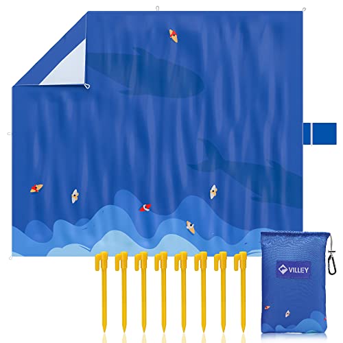 VILLEY Extra Large Waterproof Sandproof Beach Mat 128"x108", Oversized Blanket with 8 Stakes & 4 Corner Pockets, Outdoor Accessories for Travel, Camping - color: Blue Wave