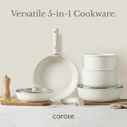 CAROTE 19pcs Pots and Pans Set, Nonstick Cookware Set Detachable Handle, Induction Kitchen Cookware Sets Non Stick with Removable Handle, RV Cookware Set, Oven Safe - color: Cream White with glass lid