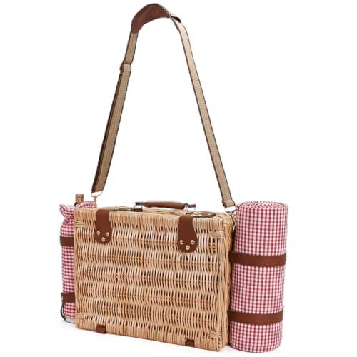 Picnic Basket with Blanket and Wine Pouch for 4, Wicker Picnic Set with Insulated Liner Cooler Bag Hamper for Camping,Wedding - Red Gingham - color: Red Gingham With Blanket for 4