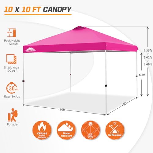 EAGLE PEAK Pop Up Canopy Tent with Wheeled Carry Bag, 8 Stakes, 4 Ropes, 4 Weight Bags, Easy Set Up Tent Canopy, 10x10 ft, 100sqft of Shade, Pink - color: Pink, size: 10x10