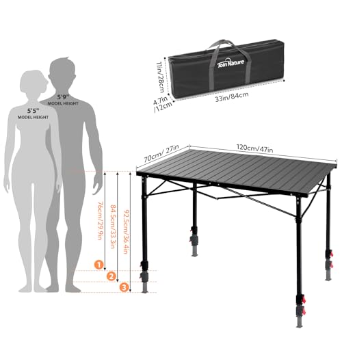 Join Nature Portable Outdoor Adjustable Height Camping Table, Large for 2-6 Person, Foldable Roll-up Aluminum Camp Table with Carry Bag for Picnic, Camp, Sturdy, Stable, Loads 220 Lbs (Black) - color: Black