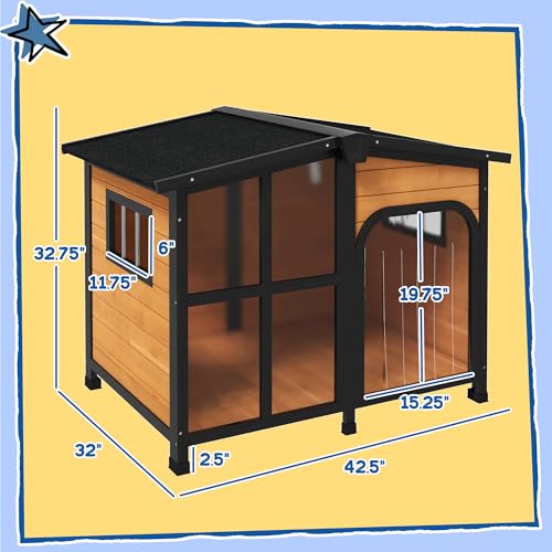 PawHut Outside Cabin-Style Wooden Dog House for Large Dogs with Openable Roof & Giant Window, Outdoor & Indoor Big Dog Shelter, Asphalt Roof, Yellow - color: Yellow