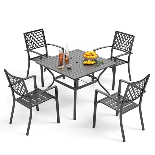 PHI VILLA 5 Pieces Outdoor Dining Set for 4, 37” Black Square Metal Table with Umbrella Hole & Stackable Wrought Iron Chairs, Outdoor Table and Chairs for Patio, Deck, Yard, Porch - color: Net Back Chair, size: 5pcs-37" Steel Table