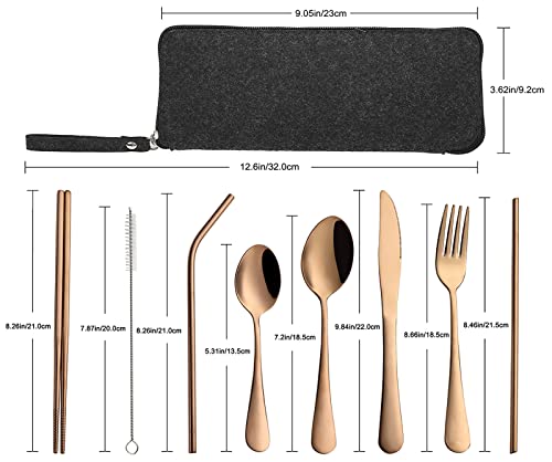 Portable Travel Utensils, Reusable Silverware with Case for Fixing Tableware, 9 Pieces Stainless Steel Stable Flatware Set, Camping Picnic Cutlery Set (Rose Gold Set) - color: Rose Gold Set, size: 9 Pieces - Medium