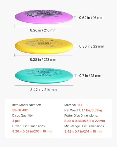 VEVOR Disc Golf Set, 3 Pack Disc Golf Starter Set, Beginners Flying Discs for Full-Body Strength Training, with Putter, Mid-Range, Driver, for Outdoor Backyard, Lawn, Beach, and Park